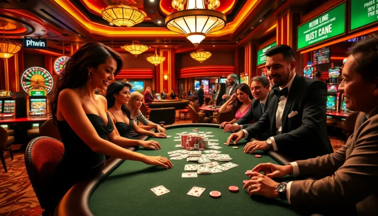 Exciting scene of phwin poker game in a luxurious casino with players betting and colorful chips.