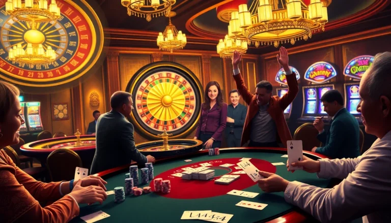 Intense blackjack game at a casino featuring l444 betting slips, poker chips, and joyful players.