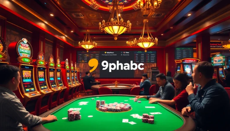 Experience an exciting poker game at 9phabc’s vibrant casino, showcasing action-packed gameplay and gleaming slot machines.