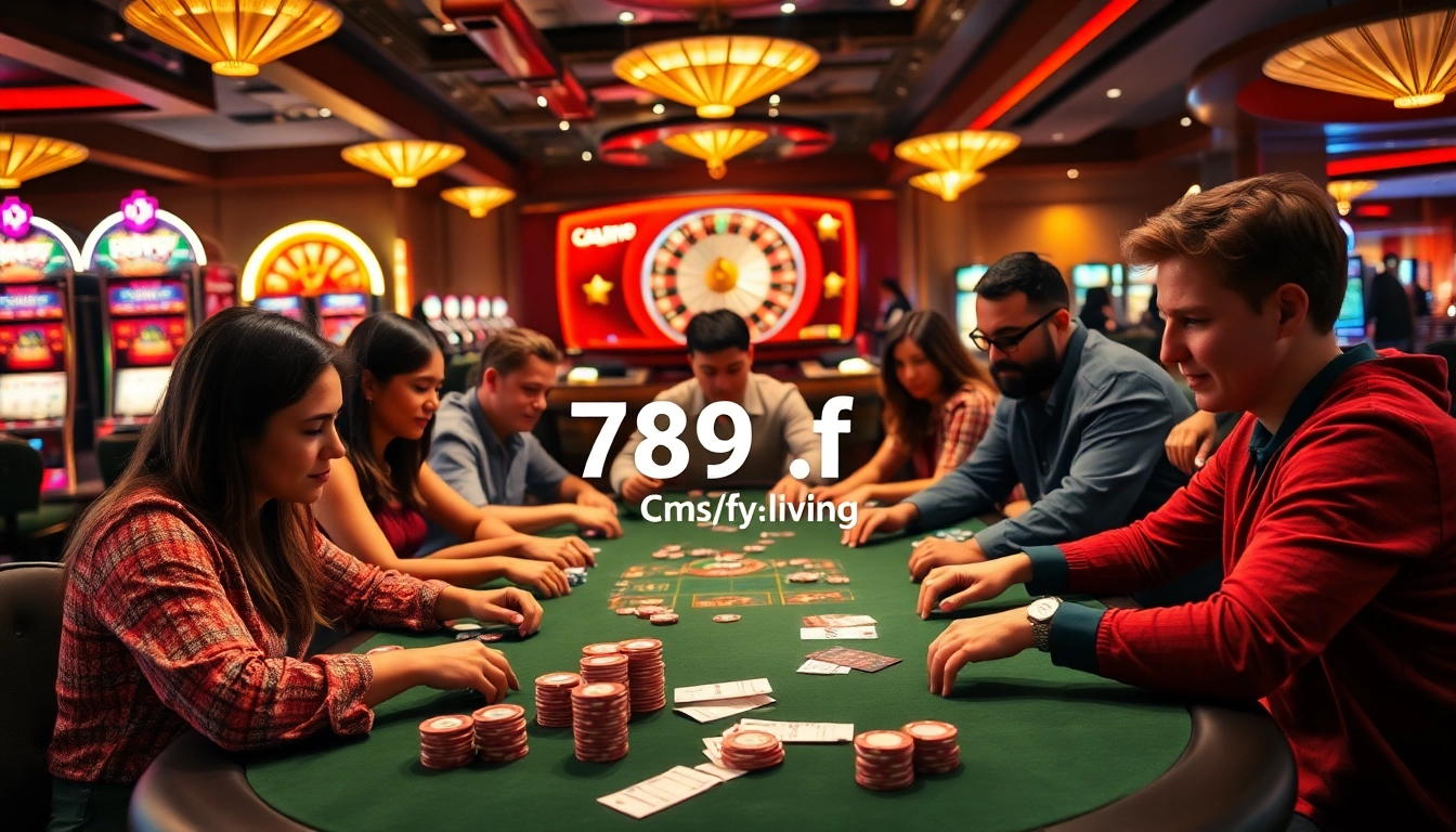 Experience intense gameplay at a poker table featuring diverse players, with stacks of chips and vibrant casino lights at https://789f.living/.