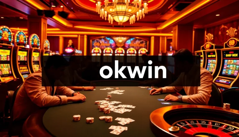 okwin casino table with engaged players, glowing slot machines, and poker chips creating an exciting gambling atmosphere.