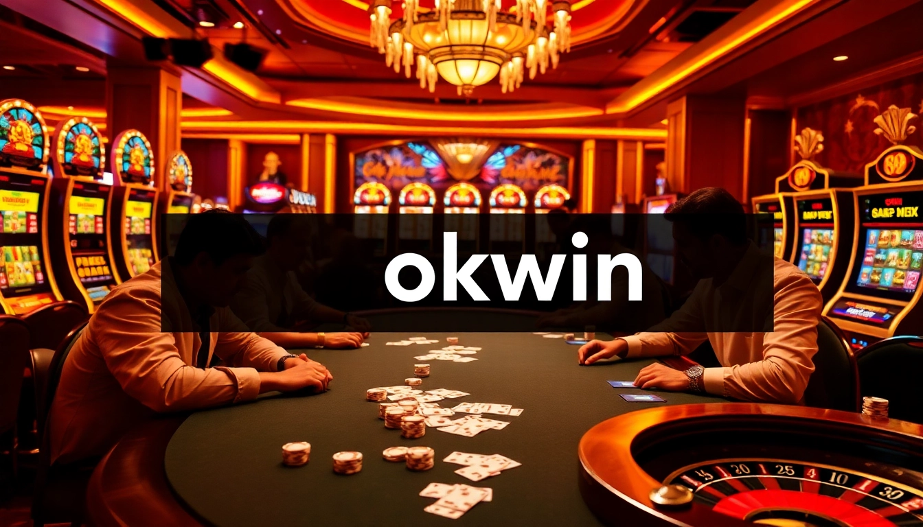 okwin casino table with engaged players, glowing slot machines, and poker chips creating an exciting gambling atmosphere.