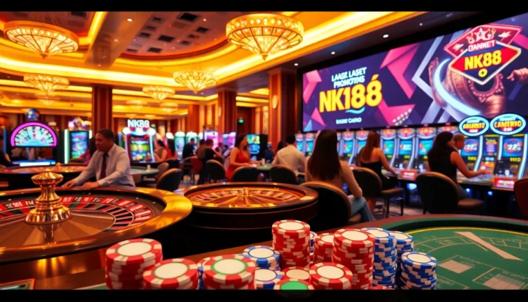 Players enjoying an engaging gaming experience at trang chủ nk88, featuring vibrant slot machines and pitched poker games.