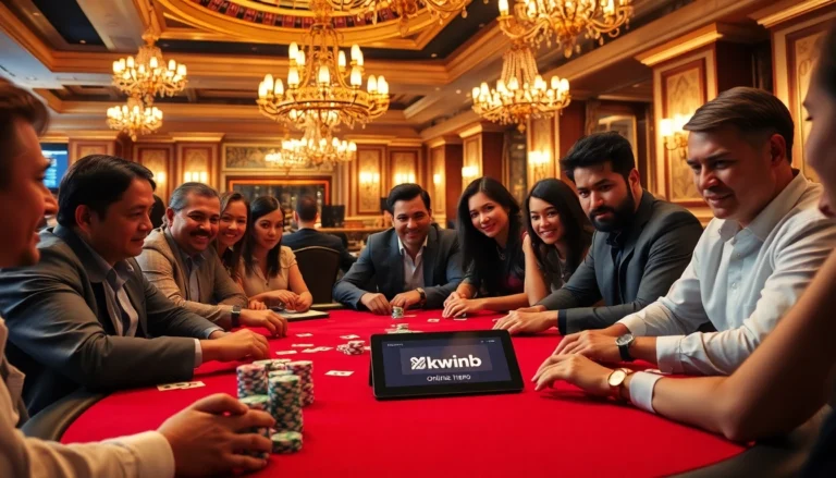 Engaged players at a poker table in a casino, showcasing excitement with colorful chips and the website https://kkwinb.com/ highlighted.