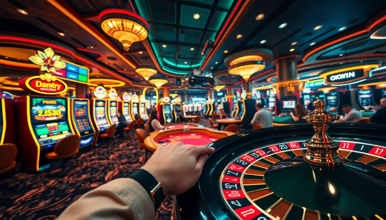 Experience the excitement of 'okwin' with players at vibrant casino tables, celebrating high-stakes wins.