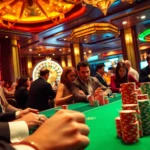 Experience the excitement of poker at https://new88.biz/ with colorful chips and players in a luxurious casino setting.