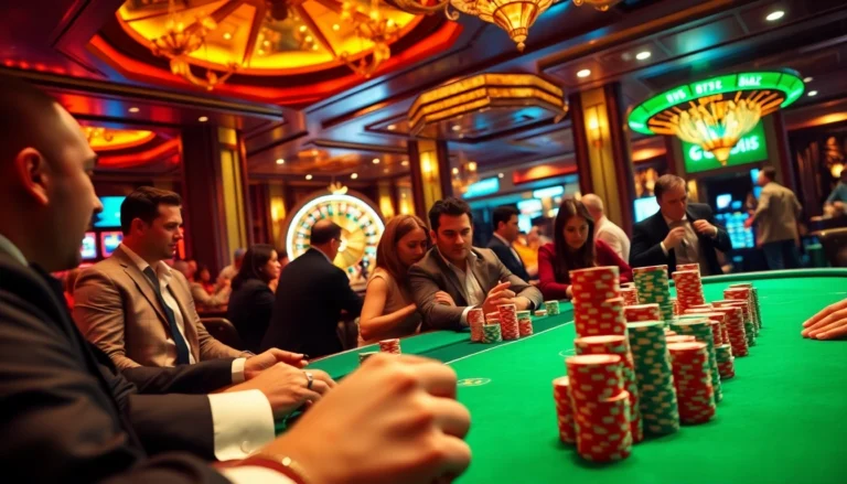 Experience the excitement of poker at https://new88.biz/ with colorful chips and players in a luxurious casino setting.