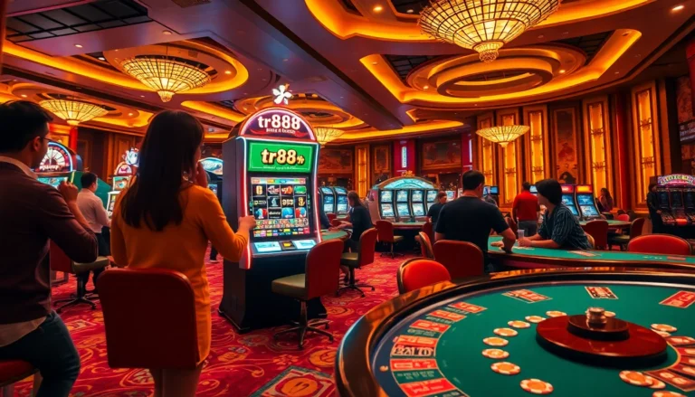 Spin the reels on the tr88 nổ hũ slot machine, surrounded by vibrant casino excitement.