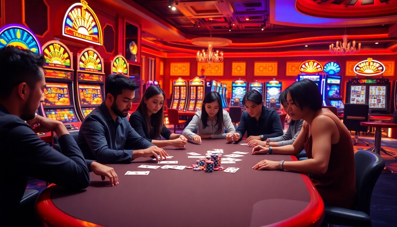 Feel the thrill of tr88bet’s high-stakes poker scene with focused players, vibrant slot machines, and vivid casino ambiance.