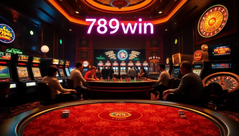 Experience the thrill of gaming at 789win trang chủ chính thức with a vibrant poker table scene surrounded by eager players.